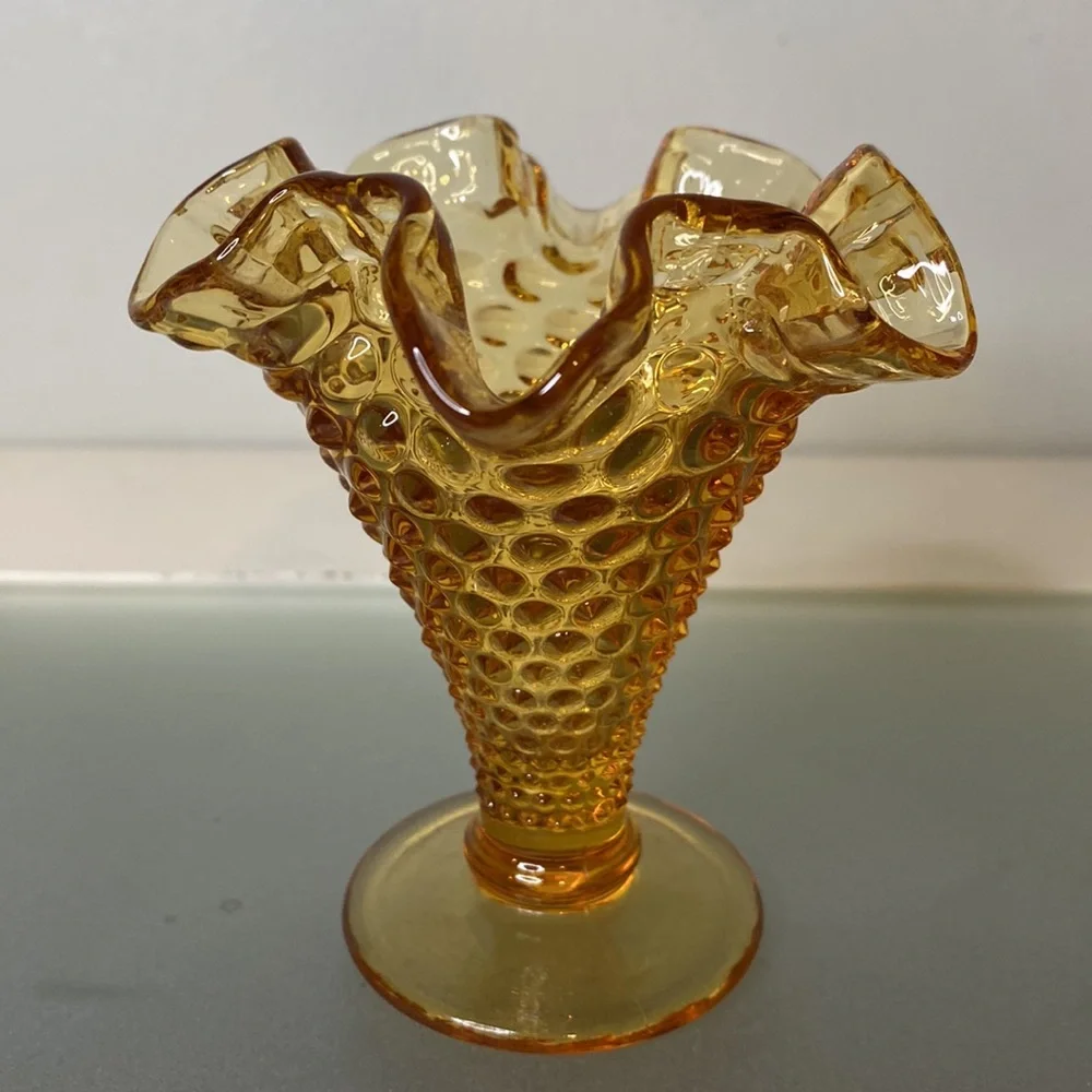 Vintage Fenton Amber Glass Hobnail Miniature Vase